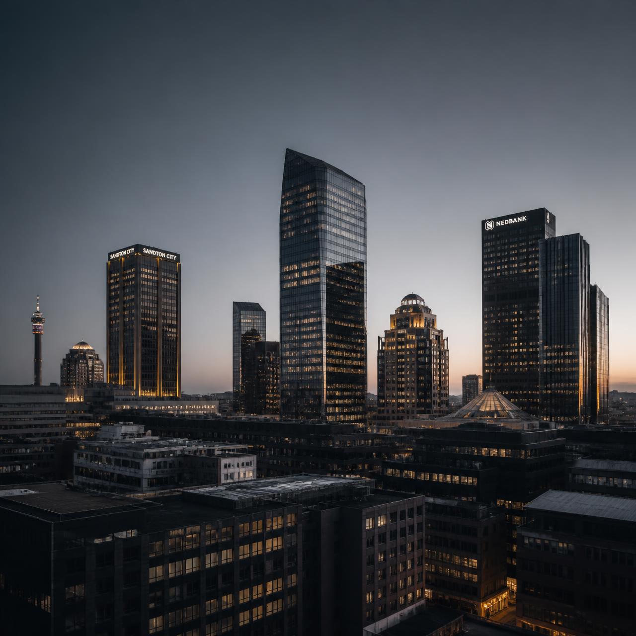 Johannesburg business district skyline at dusk