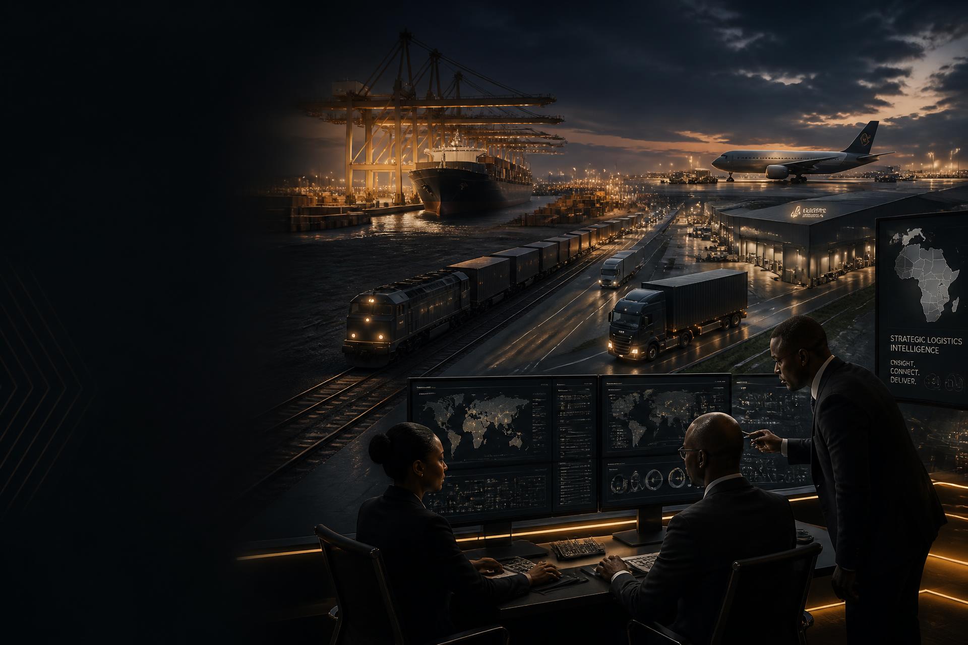 Executive logistics operations control centre overseeing sea, rail, road and air freight across a modern port at dusk